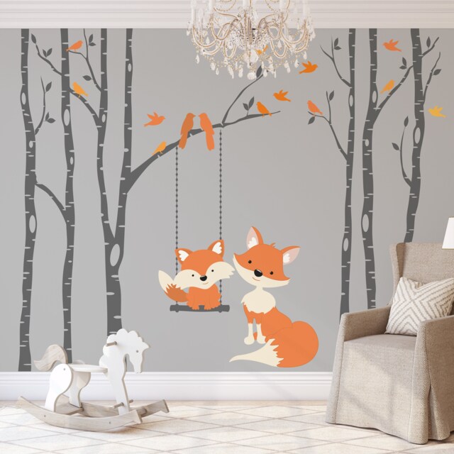 Woodland Nursery Wall Decals - 6 Birch Trees Nursery Decor, Baby Fox Decal Swinging From Branch, Forest, Woodland Bedroom - image 1