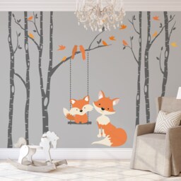 Woodland Nursery Wall Decals - 6 Birch Trees Nursery Decor, Baby Fox Decal Swinging From Branch, Forest, Woodland Bedroom - thumbnail 1