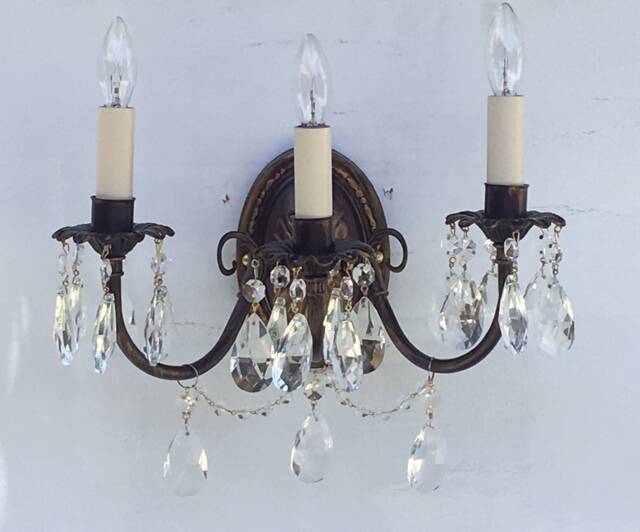 Shabby Chic Elegant 3 Electric Light Wall Sconce Made To Order in Any Finish With Clear Crystals Almond Drops & Beaded Chain - image 1