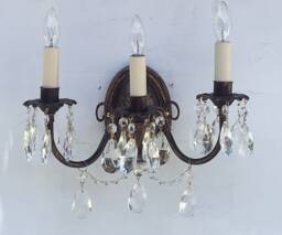Shabby Chic Elegant 3 Electric Light Wall Sconce Made To Order in Any Finish With Clear Crystals Almond Drops & Beaded Chain - thumbnail 1
