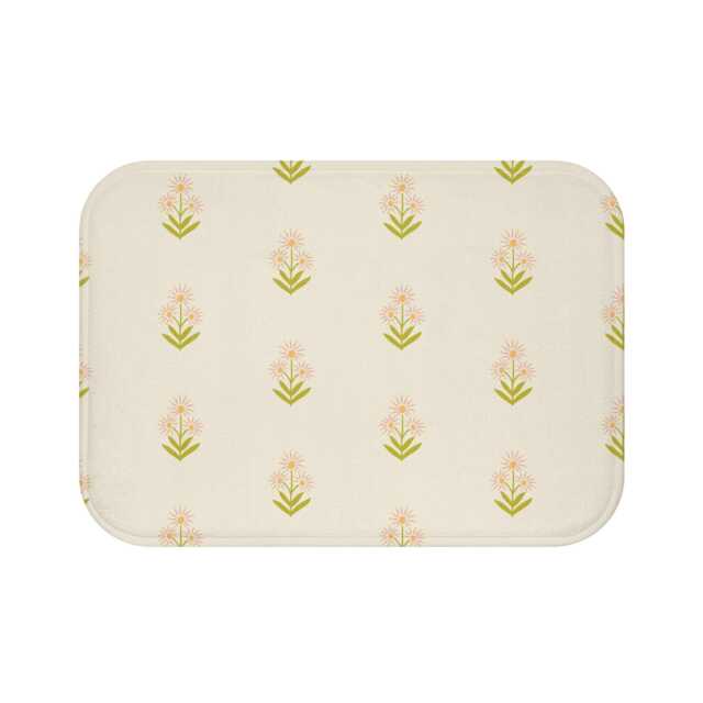 Plush Bath Mat, Boho Floral Block Print, Green Pink Cream, Flower Rug, Bohemian Bathroom Decor, Chic Mat - image 1