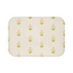 Plush Bath Mat, Boho Floral Block Print, Green Pink Cream, Flower Rug, Bohemian Bathroom Decor, Chic Mat