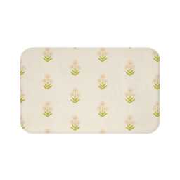 Plush Bath Mat, Boho Floral Block Print, Green Pink Cream, Flower Rug, Bohemian Bathroom Decor, Chic Mat - thumbnail 4
