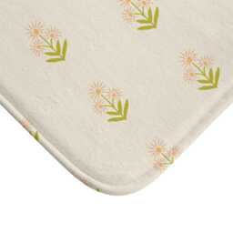 Plush Bath Mat, Boho Floral Block Print, Green Pink Cream, Flower Rug, Bohemian Bathroom Decor, Chic Mat - thumbnail 2