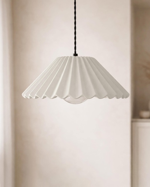 Large Picco - Ceramic Pendant Ceiling Light Handmade Minimalist Pleated Hanging Fixture in Bone White - image 1