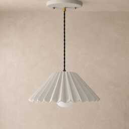 Large Picco - Ceramic Pendant Ceiling Light Handmade Minimalist Pleated Hanging Fixture in Bone White - thumbnail 2