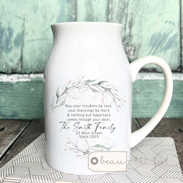 Personalised New Home Gift, Address Housewarming Botanical Greenery Mug Jug Small Vase Flower Vase - image 1