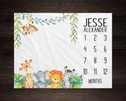 Safari Baby Milestone Blanket Month Growth Tracker Fleece Shower Tribal Newborn Gift Animals