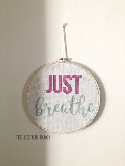 Just Breathe Cross Stitch in Embroidery Hoop Modern Wall Decor - image 1