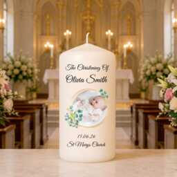 Personalised Christening Candle - Custom Name Date & Church Floral Cross Design Baptism Keepsake Bay Boy Baby Girl Gold - thumbnail 1