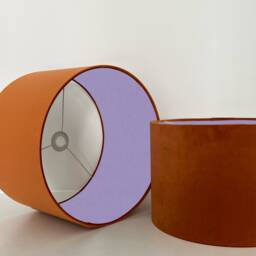 Burnt Orange Velvet Drum Lampshade, Double Sided Lampshade With Lilac Cotton Interior