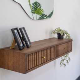 Floating Console Table With Two Fluted Drawers in Solid Oak - Entryway Use - thumbnail 2
