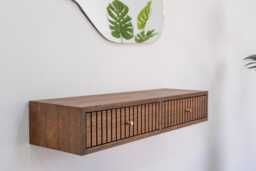 Floating Console Table With Two Fluted Drawers in Solid Oak - Entryway Use - thumbnail 1