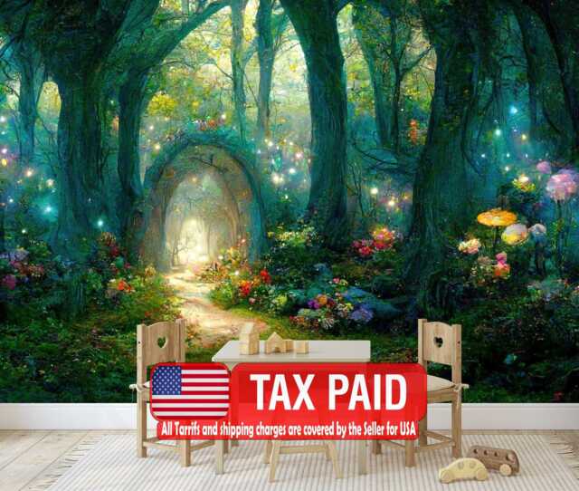 Fairytale Forest Wallpaper Mural, Magical Night Scene, Peel & Stick Wall Decal - image 1