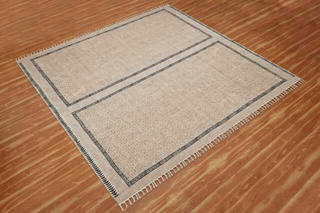 Hand Block Printed Cotton Dhurrie Rug, Beige Geometric Diamond Boho Flatweave - 9x9 Ft - image 1