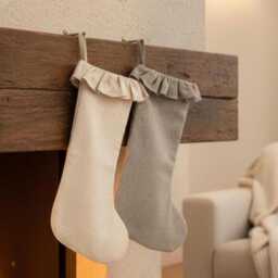 Personalized Linen Family Stocking With Ruffles, Handmade Holiday Stocking, Name Stocking, Embroidery Christmas Gift