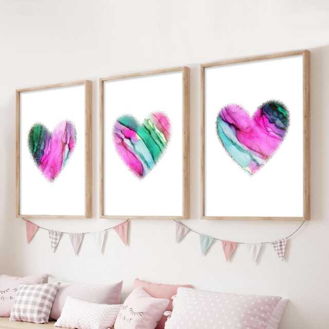 Love Heart Prints Set Of 3 Pink & Teal Affirmation Wall Art - image 1