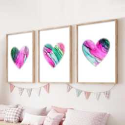 Love Heart Prints Set Of 3 Pink & Teal Affirmation Wall Art - thumbnail 1