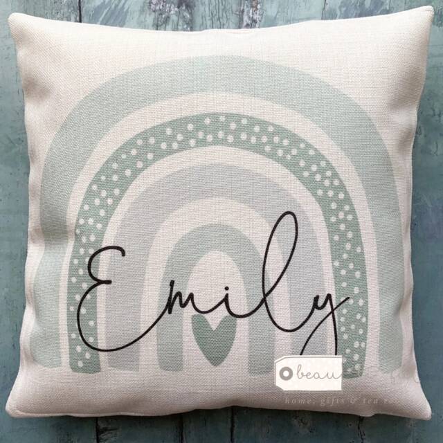 Personalised Name Pale Green Pastel Rainbow Design Home Quote Boho Linen Style Cushion Cover