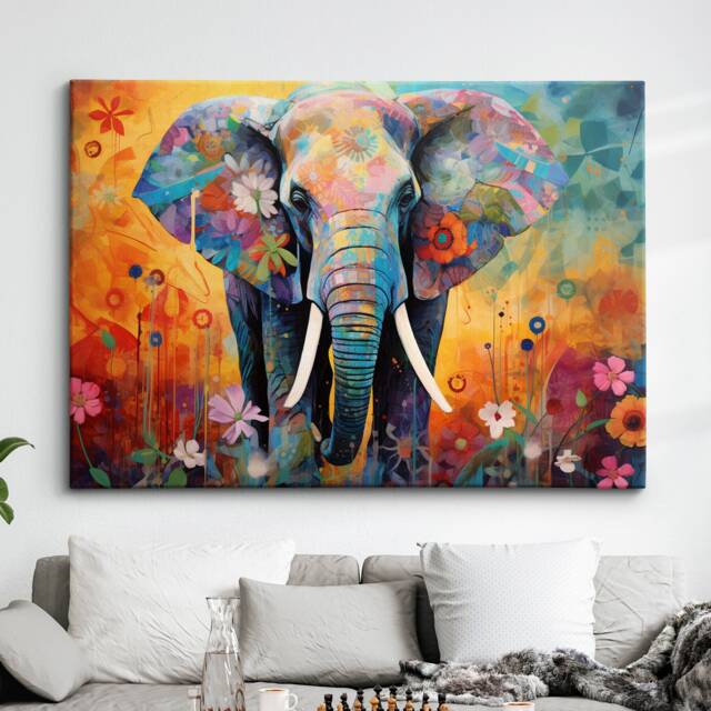Elephant Animal Abstract Oil Painting Colourful Paint Splatter Style Wall Art Framed Canvas Poster Print, Home/Office Room Decor Gifts - image 1