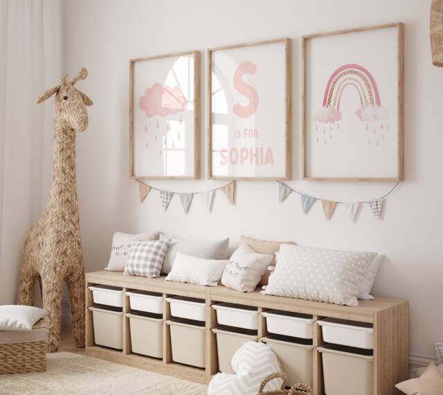 Girls Nursery Prints, Watercolour, Cloud & Rainbow Decor, Personalised Bedroom Wall Art, Pink Clouds - image 1