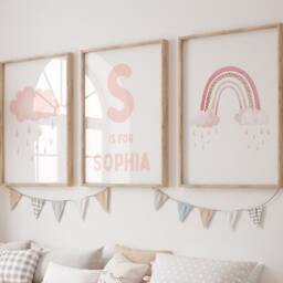 Girls Nursery Prints, Watercolour, Cloud & Rainbow Decor, Personalised Bedroom Wall Art, Pink Clouds - thumbnail 2