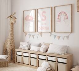 Girls Nursery Prints, Watercolour, Cloud & Rainbow Decor, Personalised Bedroom Wall Art, Pink Clouds - thumbnail 1