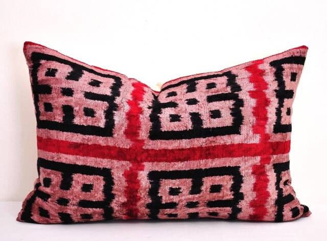 Handmade Silk Velvet Ikat Pillow Cover, Light Coral Accent Cushion - image 1