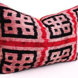 Handmade Silk Velvet Ikat Pillow Cover, Light Coral Accent Cushion - thumbnail 2