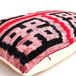 Handmade Silk Velvet Ikat Pillow Cover, Light Coral Accent Cushion - thumbnail 3