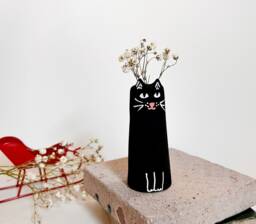 Tiny Black Cat Vase/Decor Lovers Gift Modern Handpainted Dollhouse Miniatures Funky - thumbnail 1