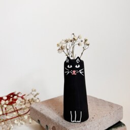 Tiny Black Cat Vase/Decor Lovers Gift Modern Handpainted Dollhouse Miniatures Funky - thumbnail 2