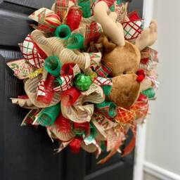 Rudolf Wreath, Reindeer Christmas Holiday Decor, Burlap Gift For, Handmade - thumbnail 2