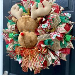 Rudolf Wreath, Reindeer Christmas Holiday Decor, Burlap Gift For, Handmade - thumbnail 3
