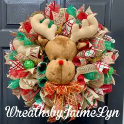 Rudolf Wreath, Reindeer Christmas Holiday Decor, Burlap Gift For, Handmade - thumbnail 1