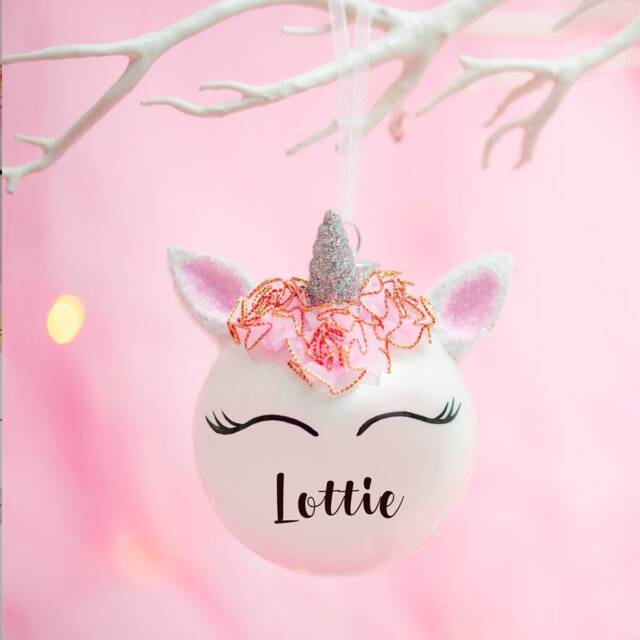 Personalised Unicorn Face Christmas Bauble - Hanging Festive Tree Decoration Glass With Flowers Resin Horn & Name - image 1