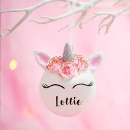 Personalised Unicorn Face Christmas Bauble - Hanging Festive Tree Decoration Glass With Flowers Resin Horn & Name - thumbnail 1