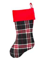 Linen Christmas Stocking, Farmhouse Style Plaid Linen With Black Tassels, Cottage Vibe Decor - thumbnail 1
