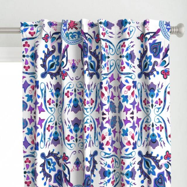 Scandinavian Curtain Panel - Boho Hygge Blue Purple Red Tile Custom Folk Art Rosemaling By Peacoquettedesigns - image 1