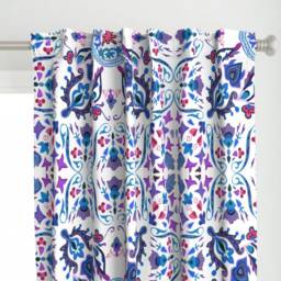 Scandinavian Curtain Panel - Boho Hygge Blue Purple Red Tile Custom Folk Art Rosemaling By Peacoquettedesigns