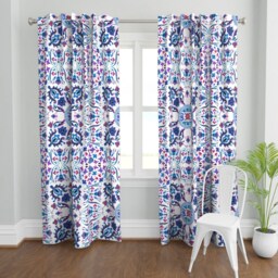Scandinavian Curtain Panel - Boho Hygge Blue Purple Red Tile Custom Folk Art Rosemaling By Peacoquettedesigns - thumbnail 2
