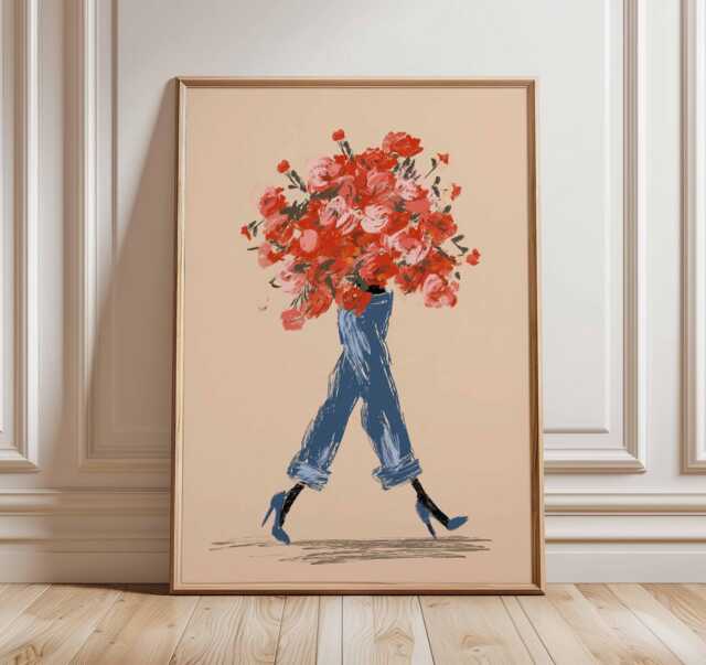 Fashion Wall Art Print, Modern Floral Illustration Poster, Woman With Bouquet Of Red Roses, Chic Contemporary Home Decor - image 1