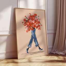 Fashion Wall Art Print, Modern Floral Illustration Poster, Woman With Bouquet Of Red Roses, Chic Contemporary Home Decor - thumbnail 2