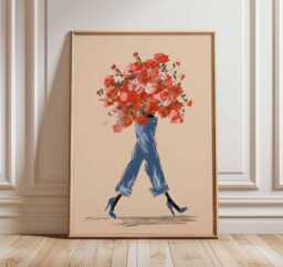 Fashion Wall Art Print, Modern Floral Illustration Poster, Woman With Bouquet Of Red Roses, Chic Contemporary Home Decor - thumbnail 1