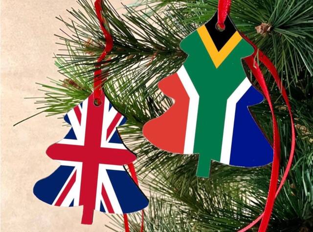 Christmas Ornament Double Sided South African United Kingdom Decoration. Tree Shaped Hanging Bright & Colourful Flags - image 1