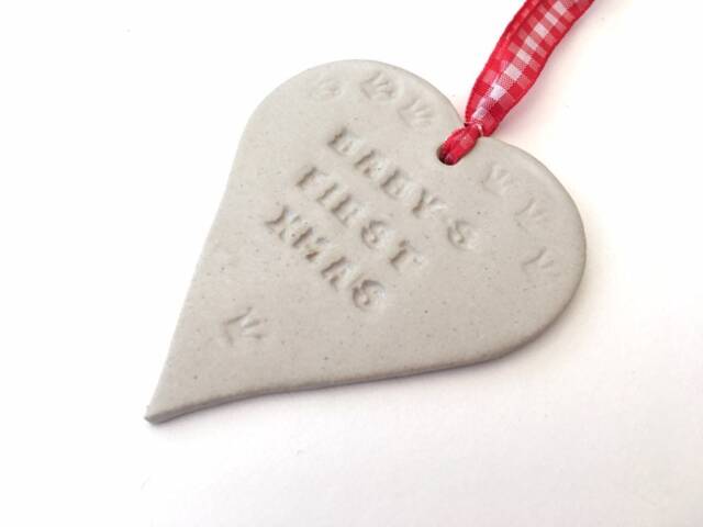 Handmade Pottery Heart Ornament, Baby's First Christmas Decoration - image 1