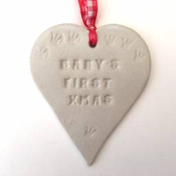 Handmade Pottery Heart Ornament, Baby's First Christmas Decoration - thumbnail 2