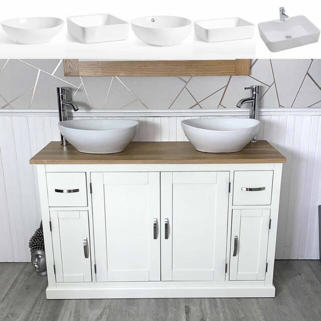 Handcrafted White Bathroom Vanity With Solid Oak Top, Ceramic Basin - 123cm - image 1
