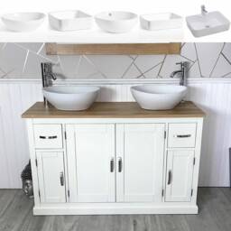 Handcrafted White Bathroom Vanity With Solid Oak Top, Ceramic Basin - 123cm - thumbnail 1