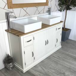 Handcrafted White Bathroom Vanity With Solid Oak Top, Ceramic Basin - 123cm - thumbnail 3